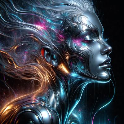 The primary subject of the image is a woman with a silver face, which appears to be a digital art or illustration. The setting is a dark background, and the visual style is futuristic and artistic. The colors and mood of the image are predominantly blue and purple, creating a sense of mystery and intrigue.